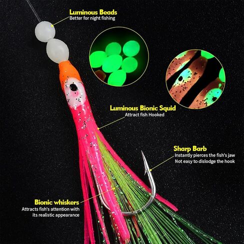 6pcs Glow-in-the-Dark Squid Fishing Lures, Artificial Soft Baits with Silicone Tentacles, Saltwater Bait Rigs with Sharp Barbed Hooks & Swivels for Bass Mackerel Snapper in Kuwait