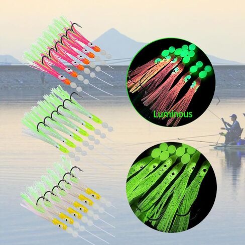 6pcs Glow-in-the-Dark Squid Fishing Lures, Artificial Soft Baits with Silicone Tentacles, Saltwater Bait Rigs with Sharp Barbed Hooks & Swivels for Bass Mackerel Snapper in Kuwait
