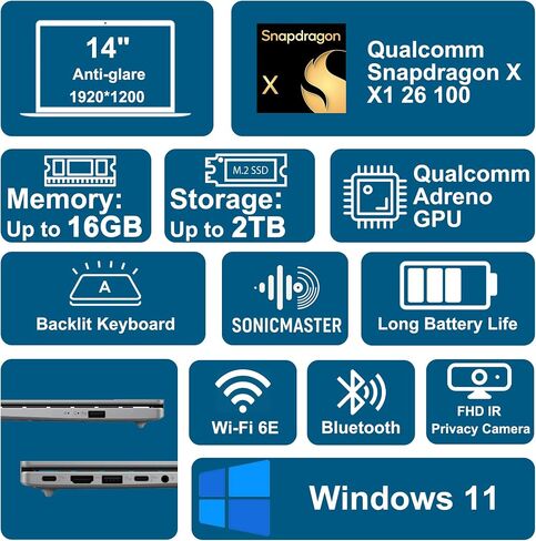 iCarp Customized Laptop Made with ASUS VivoBook 14 Laptop 14" WUXGA Anti-glare Snapdragon X 8-core (45 AI TOPS) 16GB RAM 512GB/1TB/2TB SSD Backlit USB4 For Creator Designer Business Professional Win11 in Kuwait
