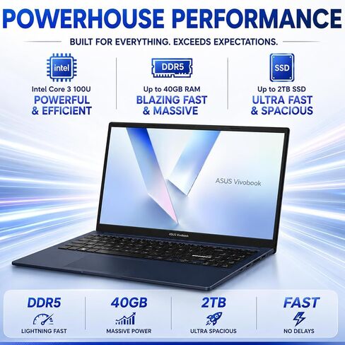 ASUS Vivobook 15 Business Laptop, 15.6" FHD Slim-Bezel IPS Display, Intel Core 3 100U 6-Core Processor (Beats i5-1235U), 16GB DDR5 RAM, 256GB SSD, Wi-Fi 6, HDMI, All-Day Battery Life, Windows 11 Home in Kuwait