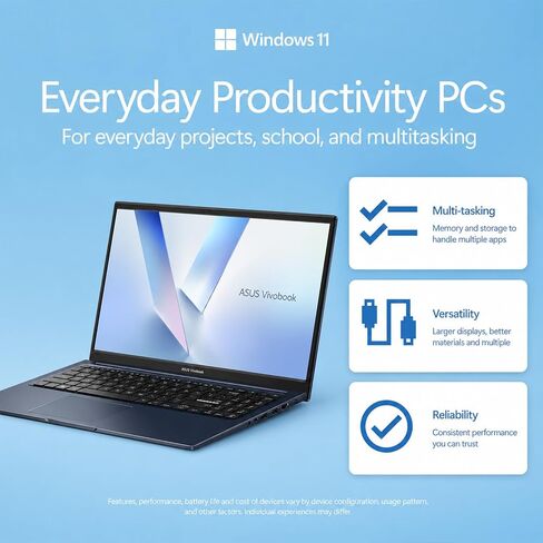 ASUS Vivobook 15 Business Laptop, 15.6" FHD Slim-Bezel IPS Display, Intel Core 3 100U 6-Core Processor (Beats i5-1235U), 16GB DDR5 RAM, 256GB SSD, Wi-Fi 6, HDMI, All-Day Battery Life, Windows 11 Home in Kuwait