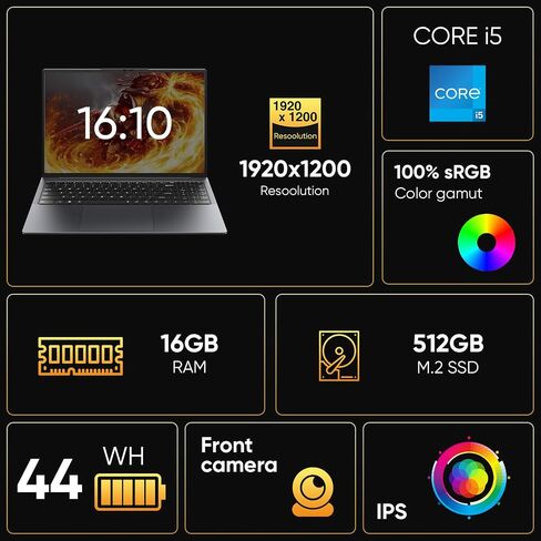 EYY Core i5 Laptop Computer Up to 3.6GHz, 16" 16GB RAM 512GB SSD laptops, FHD 1920 * 1200, 100% sRGB, Office Suite, Notebook with USB A, HDMI, WiFi 5 BT5.0, Backlit Keyboard in Kuwait