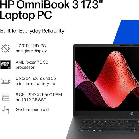 HP OmniBook 3 17.3" FHD AI Copilot Business Laptop, Windows 11 Pro, Free Lifetime Microsoft Office, AMD Ryzen 3 30, 8GB DDR5 RAM 512GB SSD, AMD Radeon 610 Graphics, Backlit KB, Bluetooth 5.4, Wi-Fi 6 in Kuwait