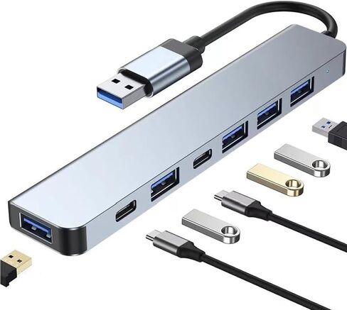 Aluminum 7 in 1 USB Hub, Multiport USB Splitter Adapter with 5 USB & 2 USBC Ports for MacBook, ipad, Laptop, PS4, Flash Drive, HDD, Xbox, Printer, Mouse, Keyboard, HP in Kuwait