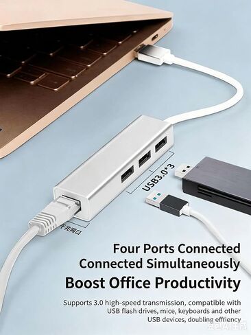 USB-C to Ethernet Adapter RJ45 Compatible with MacBook Air/Pro, iMac, Acer, Lenovo, Asus, HP, Samsung, Huawei and More - USB Type-C - 1000 Mbps 3 USB Multiports Hub 3.0 Ultra Slim - Silver in Kuwait