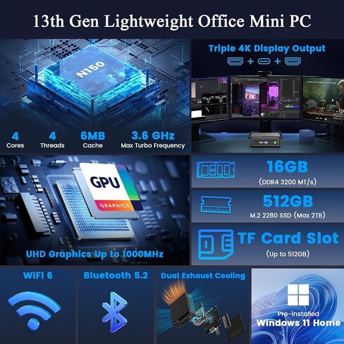 Mini PC Intel N150(Up to 3.6GHz) Mini Computers 16GB RAM 512GB PCIe M.2 SSD in Kuwait
