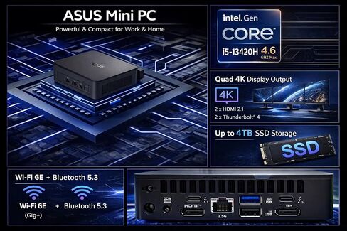 ASUS NUC 13 Pro Tall Business Mini Desktop Computer 13th Intel Core i5 (Up to 4.6GHz), 16GB RAM, 1TB SSD PCIe, HDMI 2.1, 2 Thunderbolt, Wi-Fi 6E, Bluetooth 5.3, Ultra-Quiet Design, Windows 11 Pro in Kuwait