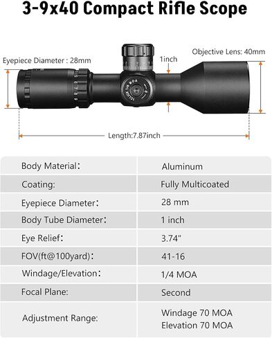Midten 3-9x40 Compact Rifle Scope for .22 Caliber, Crosshair Reticle, Locking Turret, Zero Reset, SFP Scope with 21mm Scope Rings, 1 inch Tube in Kuwait