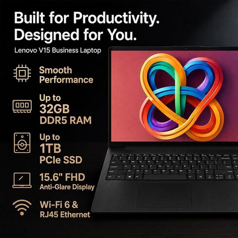Lenovo 2026 V15 Slim Laptop | 15.6" Anti-Glare FHD Display | Intel Powerful Quad-Core Processor | 16GB DDR5 RAM | 512GB SSD | Wi-Fi 6 | RJ45 Ethernet | Long Battery Life | Win 11 Pro | MS 365 Web in Saudi Arabia