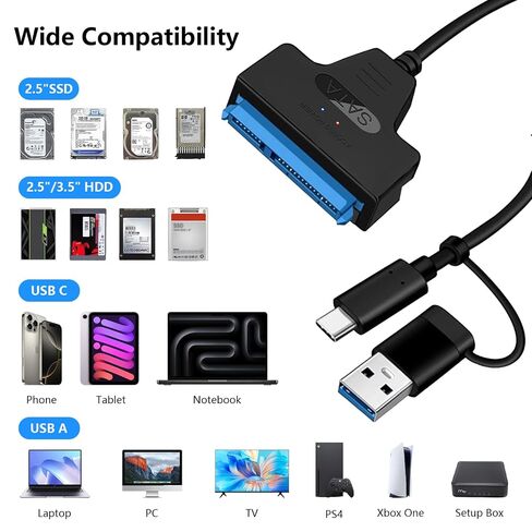 SATA to USB Cable, USB-C/USB-A 3.0 to SATA for 2.5 inch HDD/SSD Data Transfer Hard Drive Converter in Kuwait