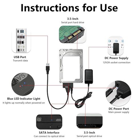 SATA to USB 3.0 and USB C Adapter Cable for 3.5 2.5 Inch External Converter for SSD/HDD Data Transfer with 12V/2A Power Adapter in Kuwait