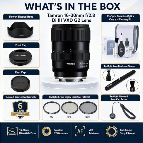 Tamron 16-30mm f/2.8 Di III VXD G2 Full-Frame Wide-Angle Zoom Lens for Sony E with 6-Year Warranty, Bundle with 67mm UV/CPL/ND Filter Kit, Lens Pen, Cleaning Kit and Cap Tether in Kuwait