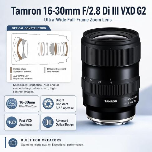 Tamron 16-30mm f/2.8 Di III VXD G2 Full-Frame Wide-Angle Zoom Lens for Sony E with 6-Year Warranty, Bundle with 67mm UV/CPL/ND Filter Kit, Lens Pen, Cleaning Kit and Cap Tether in Kuwait