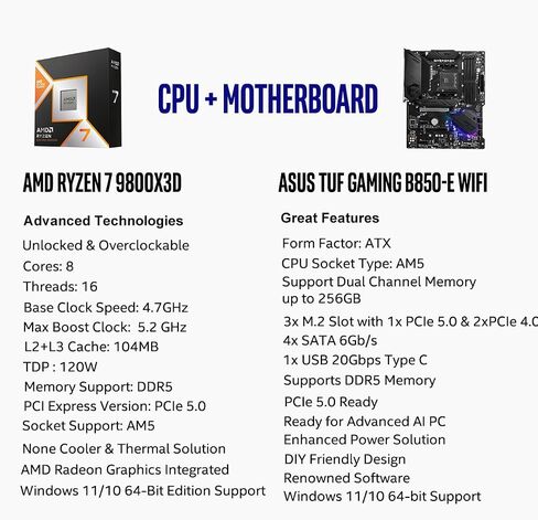 Micro Center CPU Motherboard Memory Combo: AMD Ryzen 7 9800X3D CPU Processor + ASUS TUF Gaming B850-E Motherboard + KLEVV Bolt V DDR5 32GB (2x16GB) 6000MHz CL28 Desktop Ram Memory White in Kuwait