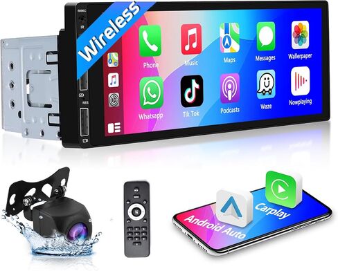 Podofo Single Din Car Stereo with Wirelesss Carplay and Android Auto, 6.86 Inch Car Radio with Bluetooth 5.0 Mirror Link FM/EQ USB/AUX/TF/SWC+Mic+AHD Backup Camera in Kuwait