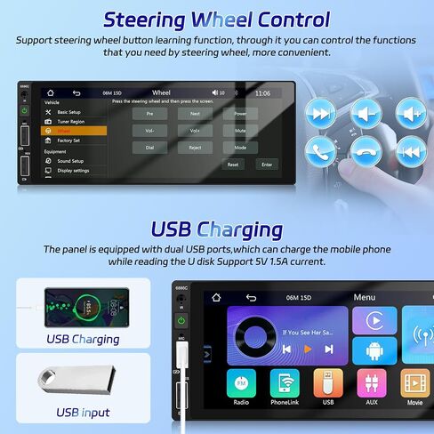 Podofo Single Din Car Stereo with Wirelesss Carplay and Android Auto, 6.86 Inch Car Radio with Bluetooth 5.0 Mirror Link FM/EQ USB/AUX/TF/SWC+Mic+AHD Backup Camera in Kuwait