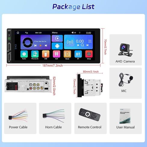 Podofo Single Din Car Stereo with Wirelesss Carplay and Android Auto, 6.86 Inch Car Radio with Bluetooth 5.0 Mirror Link FM/EQ USB/AUX/TF/SWC+Mic+AHD Backup Camera in Kuwait