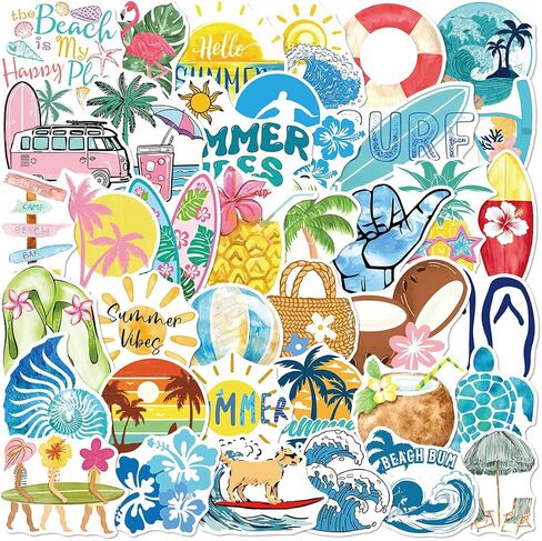 50 Pcs Summer Beach Stickers, Ocean Vinyl Decals for Water Bottle Laptop Luggage, Beach Themed Gifts for Teens Adults in Kuwait