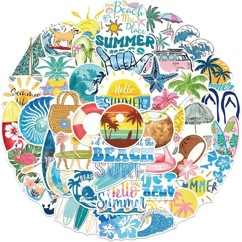 50 Pcs Summer Beach Stickers, Ocean Vinyl Decals for Water Bottle Laptop Luggage, Beach Themed Gifts for Teens Adults in Kuwait