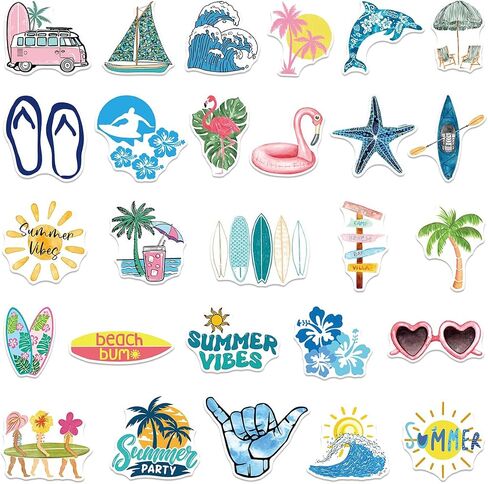 50 Pcs Summer Beach Stickers, Ocean Vinyl Decals for Water Bottle Laptop Luggage, Beach Themed Gifts for Teens Adults in Kuwait