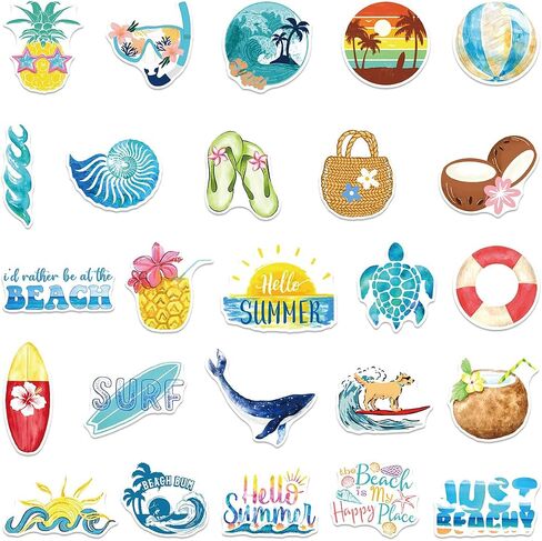 50 Pcs Summer Beach Stickers, Ocean Vinyl Decals for Water Bottle Laptop Luggage, Beach Themed Gifts for Teens Adults in Kuwait