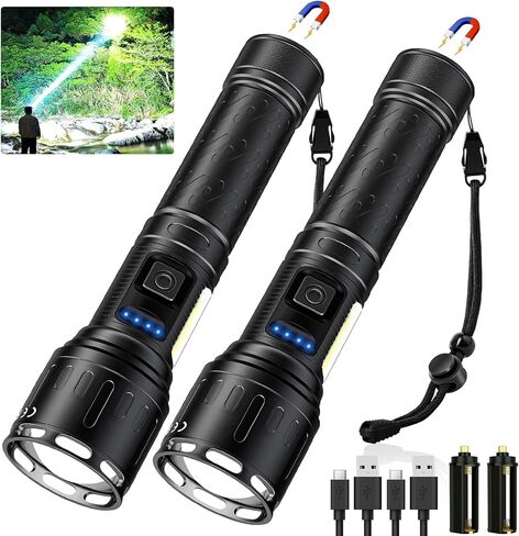 Banral Rechargeable Magnetic Flashlights High Lumens, Super Bright LED Powerful Flashlight 8 Modes with COB Work Light, Waterproof Handheld Flash Light for Camping (2 Pc with Leather Box, Black) in Kuwait