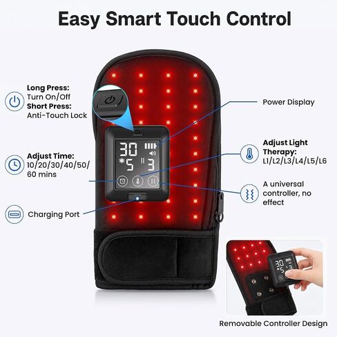 Cordless Red Light Glove for Hand, 5000mAh Rechargeable Dual-Sided 80 LEDs 660nm & 850nm Near-Infrared Light, 6 Red Light Levels & 6 Timer Settings, Unisex (Black) in Kuwait