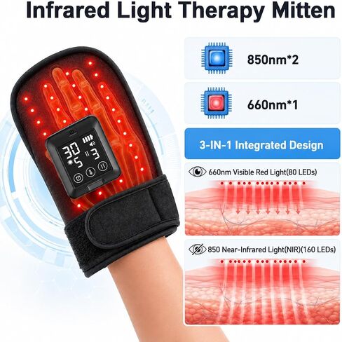 Cordless Red Light Glove for Hand, 5000mAh Rechargeable Dual-Sided 80 LEDs 660nm & 850nm Near-Infrared Light, 6 Red Light Levels & 6 Timer Settings, Unisex (Black) in Kuwait