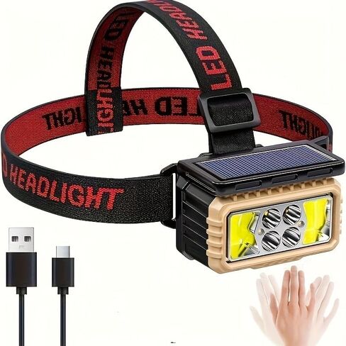 LED Rechargeable Headlamp, Super Bright Headlamp with Motion Sensor, USB/Solar Charging, 6 Modes with Red Light Waterproof Head lamp for Outdoors, Camping, Hiking, and Emergencies in Kuwait