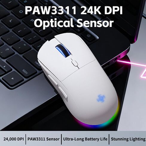 Wireless Gaming Mouse, 2.4G/USB-C/BT Wireless Mouse with 800mAh Battery, Adjustable 24,000 DPI & 1000 Polling Rate, PAW3311 Sensor, RGB Lighting, Programmable Buttons, for Win/Mac in Kuwait