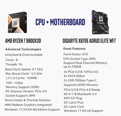 Micro Center 3-in-1 Combo: AMD Ryzen 7 9800X3D CPU Processor + GIGABYTE X870E AORUS Elite WIFI7 AM5 Motherboard + KLEVV Bolt V DDR5 32GB (2x16GB) 6000MHz CL30 Ram Memory in Kuwait