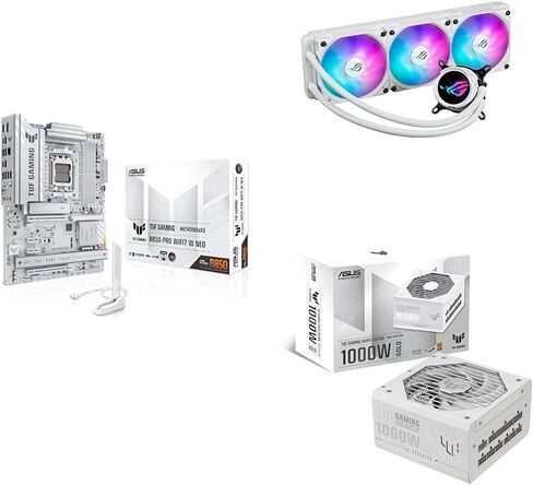 ASUS Bundle of TUF Gaming B850-PRO WIFI7 W NEO AMD AM5 ATX Motherboard + ROG Strix LC III 360 ARGB LCD White AIO CPU Liquid Cooler + TUF Gaming 1000W 80+ Gold White Fully Modular Power Supply in Kuwait