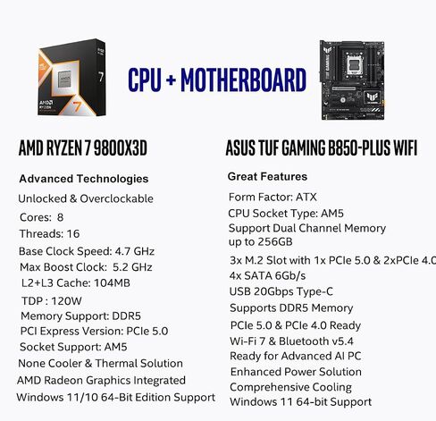 Micro Center CPU Motherboard Memory Combo: AMD Ryzen 7 9800X3D CPU Processor with ASUS TUF Gaming B850-PLUS WiFi AM5 ATX Motherboard and KLEVV Bolt V DDR5 32GB (2x16GB) 6000MHz CL30 Ram Memory in Kuwait