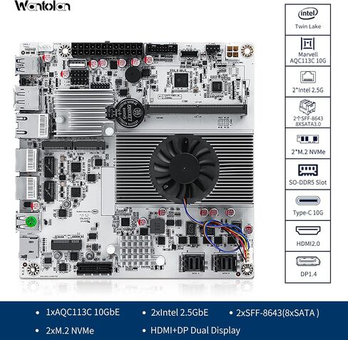 لوحة أم NAS Mini ITX 10Gbps NAS ذات 8 فتحات قابلة للتكيف لدعم 8sata، منفذ كهربائي واحد بسرعة 10 جيجابت في الثانية، منفذان كهربائيان 2.5 جيجا، اثنان m.2 nvme، اثنان pcie3.0 Type-c 10 جيجابت في الثانية (N350+2 * 8643) in Saudi Arabia