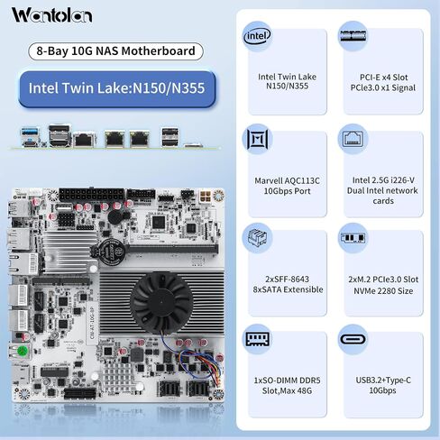 لوحة أم NAS Mini ITX 10Gbps NAS ذات 8 فتحات قابلة للتكيف لدعم 8sata، منفذ كهربائي واحد بسرعة 10 جيجابت في الثانية، منفذان كهربائيان 2.5 جيجا، اثنان m.2 nvme، اثنان pcie3.0 Type-c 10 جيجابت في الثانية (N350+2 * 8643) in Saudi Arabia