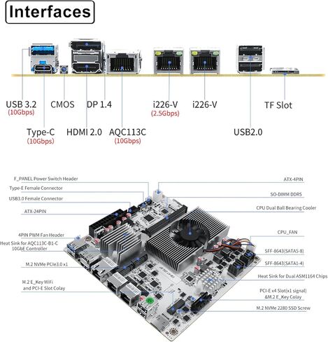 لوحة أم NAS Mini ITX 10Gbps NAS ذات 8 فتحات قابلة للتكيف لدعم 8sata، منفذ كهربائي واحد بسرعة 10 جيجابت في الثانية، منفذان كهربائيان 2.5 جيجا، اثنان m.2 nvme، اثنان pcie3.0 Type-c 10 جيجابت في الثانية (N350+2 * 8643) in Saudi Arabia