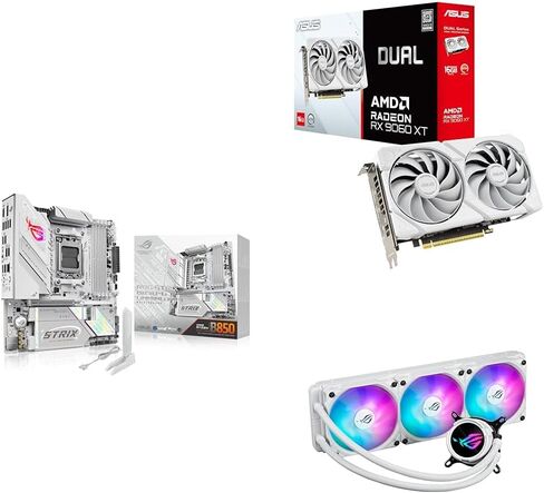 ASUS Bundle of ROG Strix B850-G Gaming WiFi AMD AM5 mATX Motherboard + Dual Radeon RX 9060 XT 16GB GDDR6 White Edition Graphics Card + ROG Strix LC III 360 ARGB LCD White Edition AIO CPU Liquid Cooler in Kuwait
