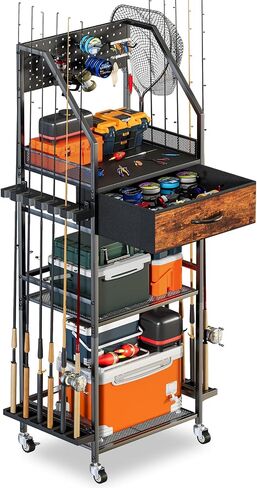 Fishing Rod Holder Organizer with Fabric Drawer & Pegboard in Saudi Arabia