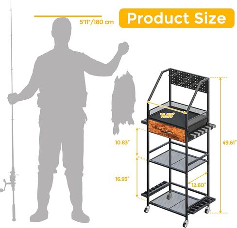 Fishing Rod Holder Organizer with Fabric Drawer & Pegboard in Saudi Arabia