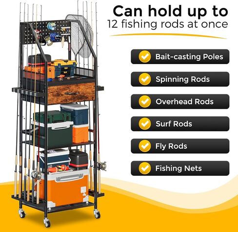 Fishing Rod Holder Organizer with Fabric Drawer & Pegboard in Saudi Arabia