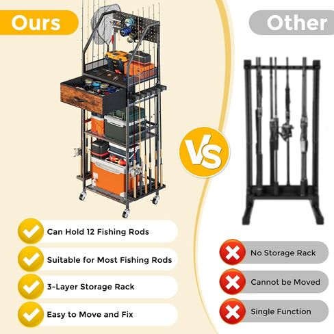 Fishing Rod Holder Organizer with Fabric Drawer & Pegboard in Saudi Arabia