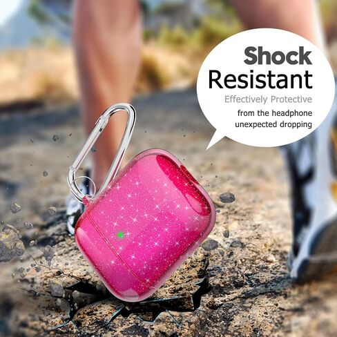 Svanove for Airpods Case Clear Glitter، حافظة Airpods اللطيفة اللامعة اللامعة من الجيل الأول مع سلسلة مفاتيح، غطاء صلب Girly Y2k Aesthetic Airpods Cover Accessories للنساء والفتيات، وردي فاقع نيون in Kuwait
