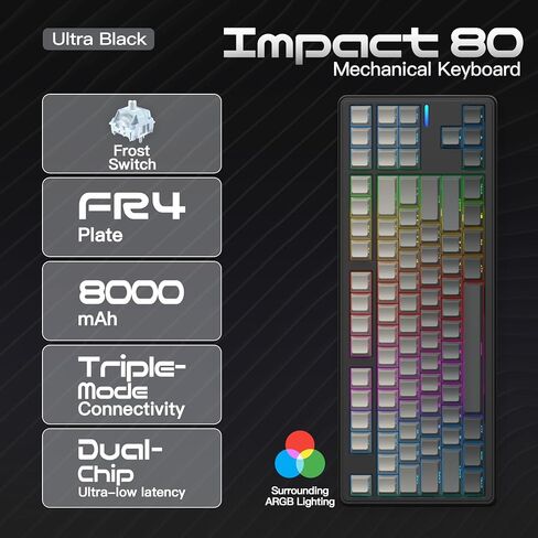 لوحة مفاتيح ميكانيكية لاسلكية ثلاثية الوضع Impact80، سلكية USB-C، حامل حشية 87 مفتاحًا قابل للتبديل السريع، شريط إضاءة RGB، بطارية 8000 مللي أمبير، لوحة مفاتيح RS8 متوافقة مع QMK/VIA لنظام التشغيل Windows/Mac (Pro Forest) in Kuwait
