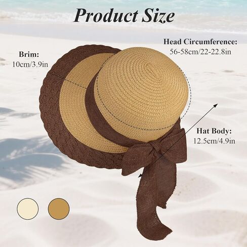 Sun Hats for Women, Packable Beach Straw Hats with Bow and Windproof Rope, Foldable Wide Brim Summer Hat for Outdoor in Saudi Arabia