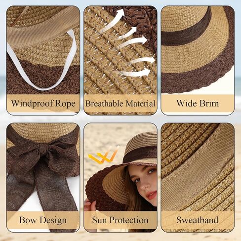 Sun Hats for Women, Packable Beach Straw Hats with Bow and Windproof Rope, Foldable Wide Brim Summer Hat for Outdoor in Saudi Arabia