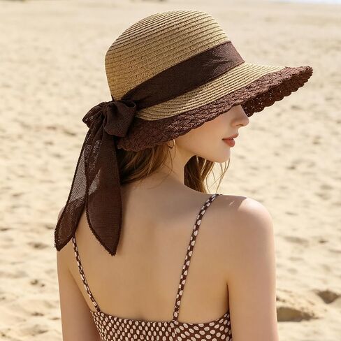 Sun Hats for Women, Packable Beach Straw Hats with Bow and Windproof Rope, Foldable Wide Brim Summer Hat for Outdoor in Saudi Arabia