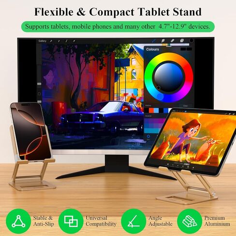 Minthouz Tablet Stand, Multi-Angle Adjustable Tablet Holder, Aluminum iPad Stand Compatible with iPhone 17 16 15 14 13 Pro Max Mini, 12 11 XR X8 Plus SE, Smartphone (Gold) in Saudi Arabia