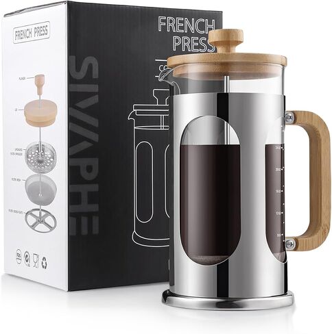 Sivaphe No-Plastic French Press Coffee Maker 34 oz, Borosilicate Glass Bamboo Lid and Handle Coffee Tea Press 8 cup, 1000ml Coffee Milk Forther with Stainless Steel Holder and Resuable Filters in Saudi Arabia