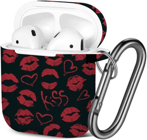 [متوافق مع AirPods 2 و1] غطاء حماية من جل TPU الناعم المقاوم للصدمات مع سلسلة مفاتيح لـ Apple AirPods (بصمات قبلات أحمر الشفاه) in Kuwait