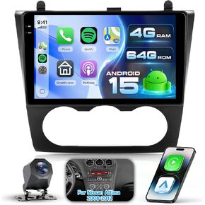 【Android 15/4+64G】 Car Radio for Nissan Altima 2008-2012 with Wireless CarPlay/Android Auto,9 inch in-Cell Touchscreen car Stereo with WiFi FM/RDS Radio GPS Bluetooth AHD Rear Camera (Manual A/C) in Saudi Arabia